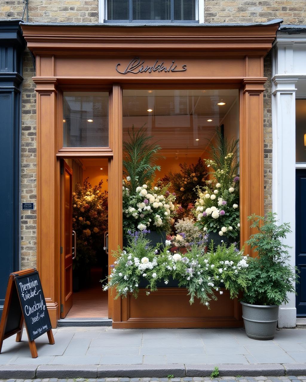 Exterior and interior view of the Meridian Petals shop at 1A Highgate Road, London