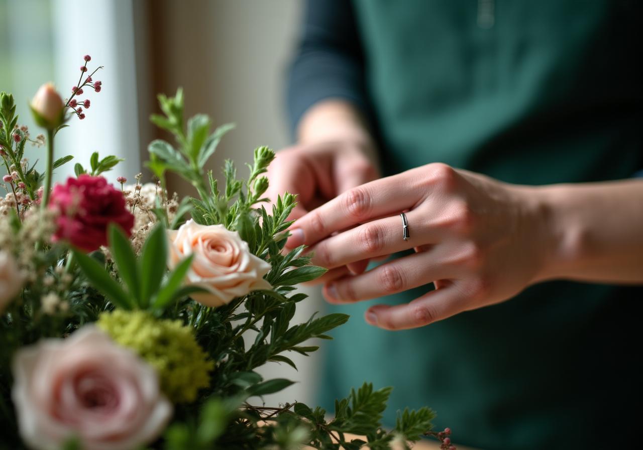 Close-up of a florist's hand carefully arranging a bespoke bouquet with sustainable greens