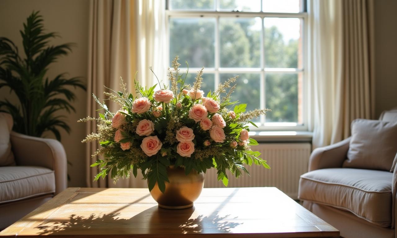 A bright London living room with a fresh Meridian Petals bouquet on the coffee table