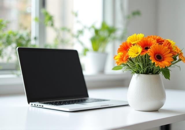 A desk with a laptop and a small, vibrant flower arrangement