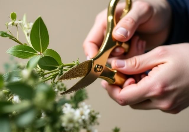 Hands using professional shears to cut a flower stem at a 45 degree angle