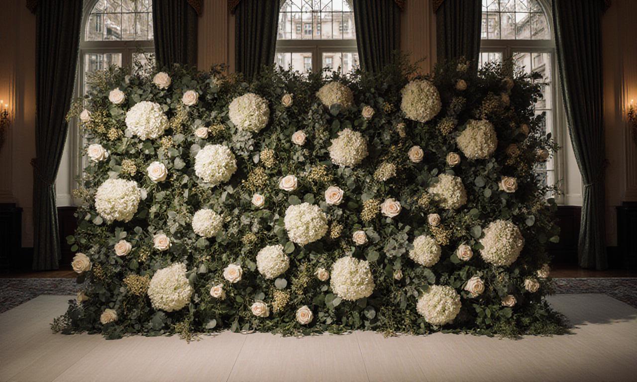 Stunning London wedding floral installation with vibrant blooms