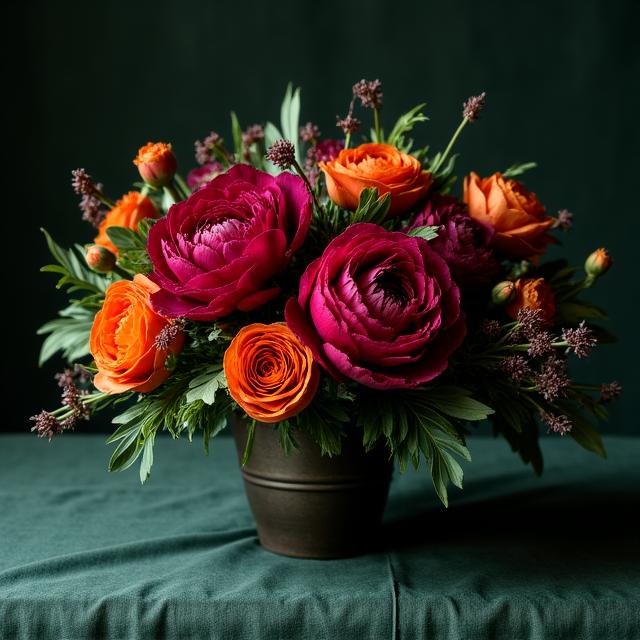 Vibrant and bold floral arrangement with saturated jewel tones