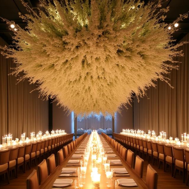 Large scale hanging floral installation over a wedding reception table