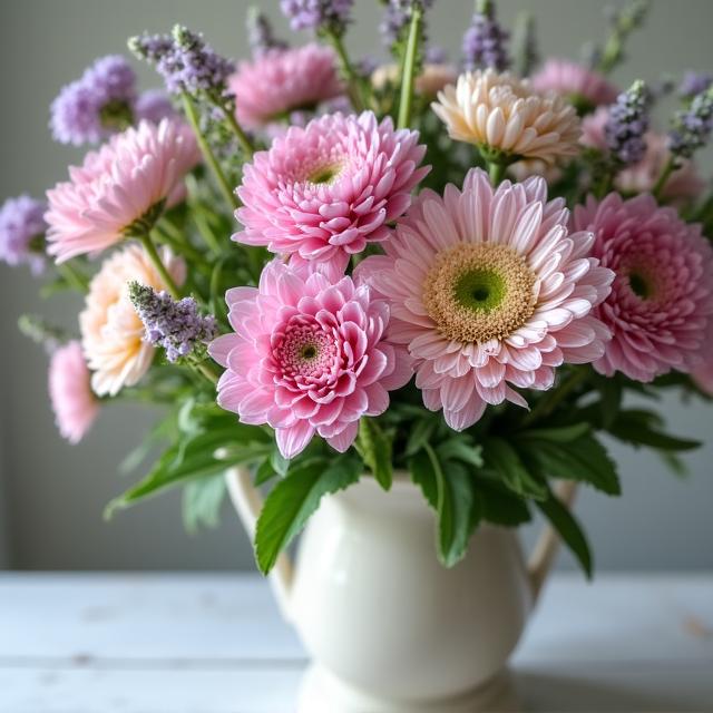 Seasonal British garden flowers in a natural arrangement